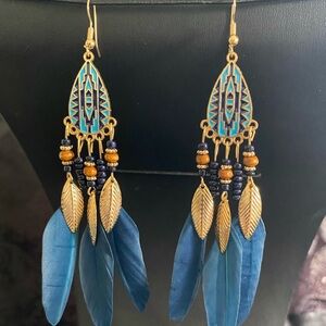 Bohemian Blue and Gold tone Feather Earrings